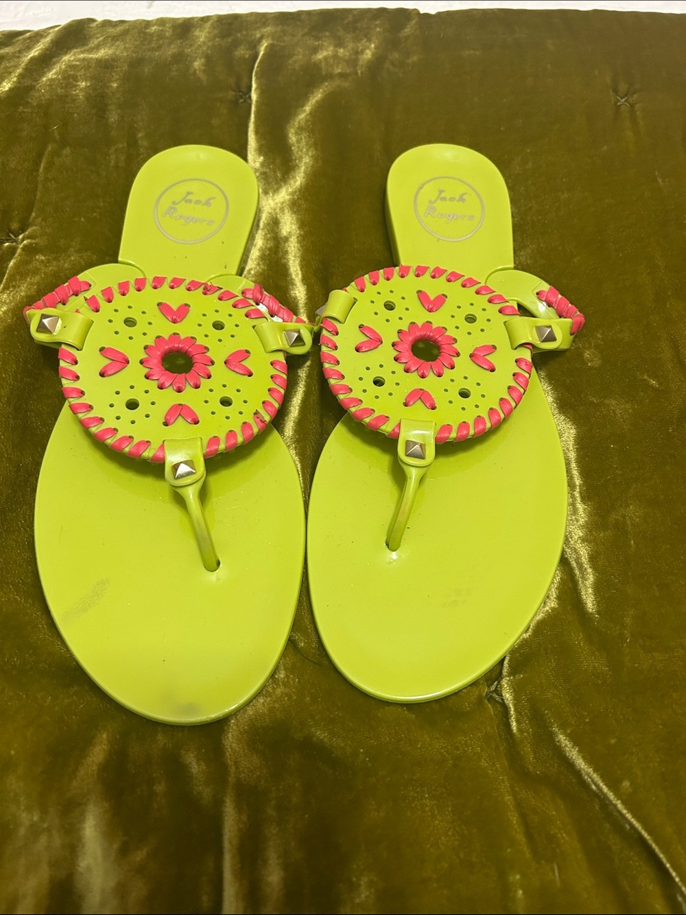 Jack Rogers Lime Green & Hot Pink Jelly Thong Sandals
